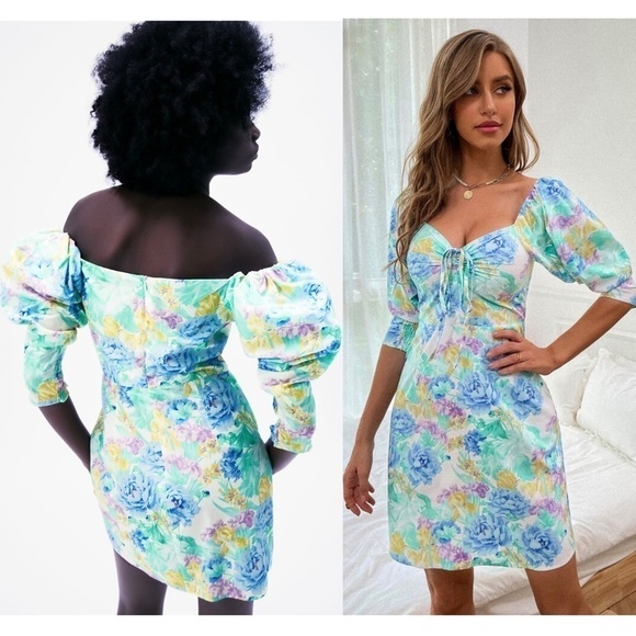 NEW ZARA Floral Off Shoulder Sweetheart Neck‎ Puff Short Sleeve Cotton Dress XS - Picture 2 of 10